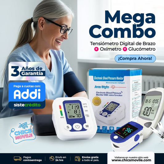 Tensiómetro Digital de Brazo + Oxímetro + Glucómetro