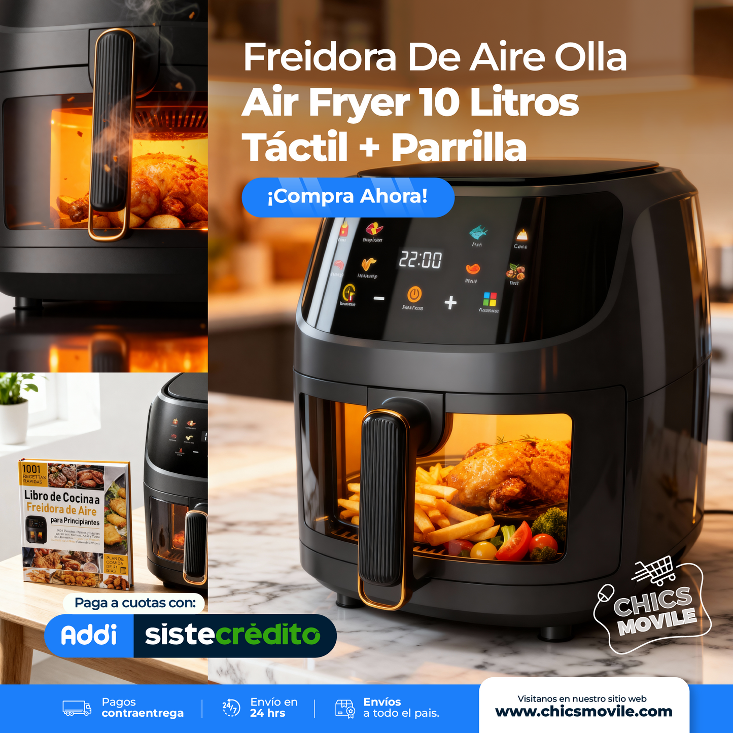 Freidora De Aire Olla Air Fryer 10 Litros Táctil + Parrill