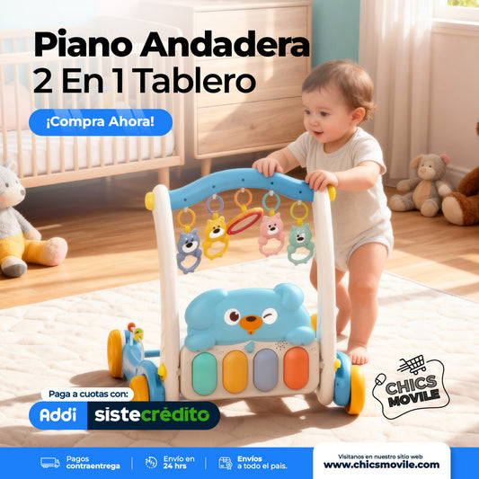 Piano Andadera 2 en 1 con Tablero de Actividades – Caminador Musical para Bebés