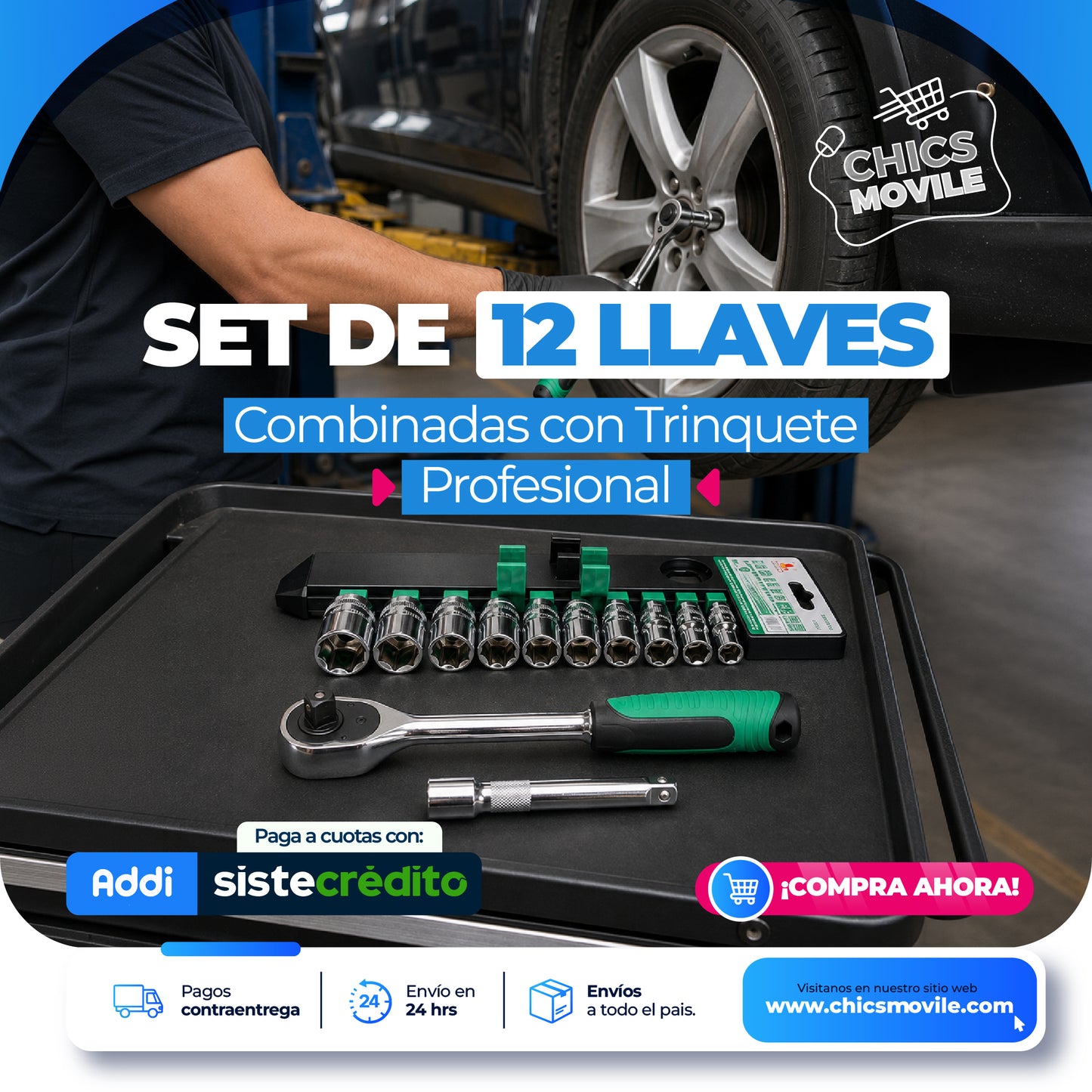 Juego Copas Ratchet 12 Piezas 1/4 3/8 Acero Cromado