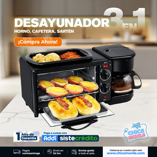 Desayunador 3 en 1 con horno, cafetera y sartén