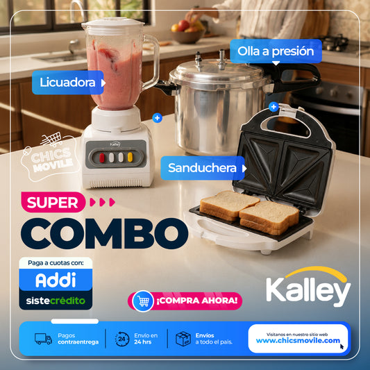Combo Licuadora Kalley + Olla a presión + Sanduchera