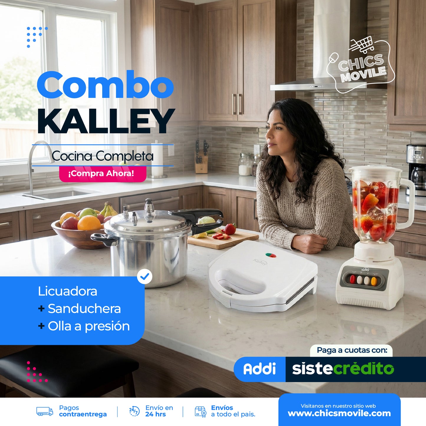 Combo Licuadora Kalley + Olla a presión + Sanduchera