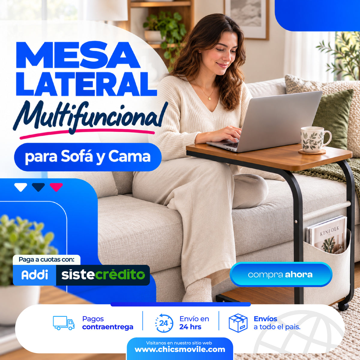 Mesa Auxiliar en Forma de C con Ruedas