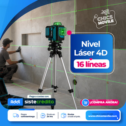 Nivel láser 4D de 16 Líneas Verde Kit completo con Trípode
