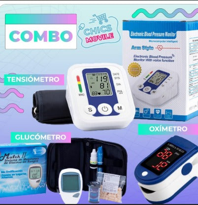 Tensiómetro Digital de Brazo + Oxímetro + Glucómetro