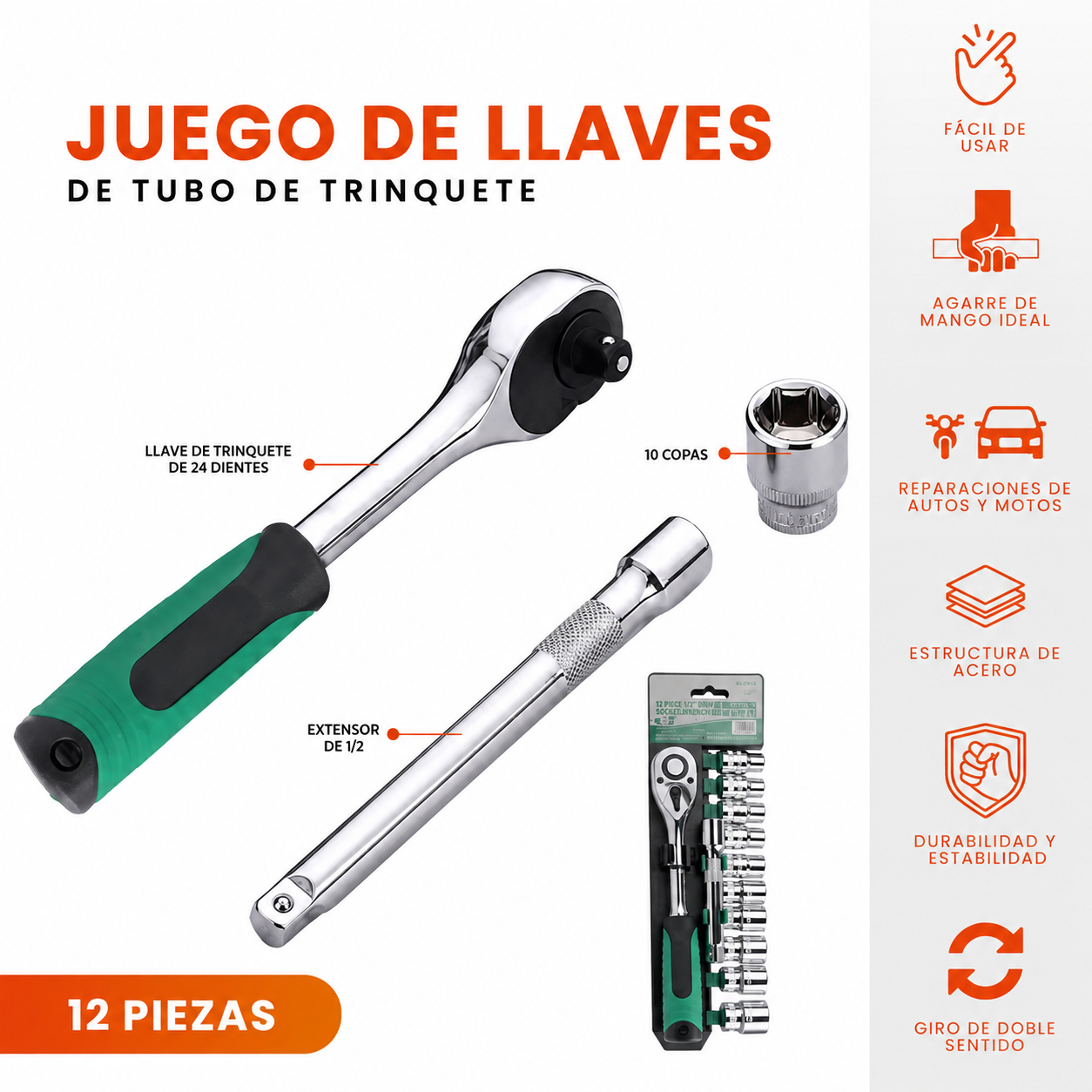 Juego Copas Ratchet 12 Piezas 1/4 3/8 Acero Cromado